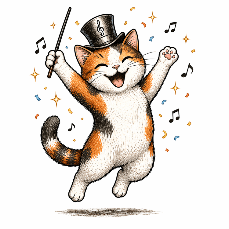 Mewstro the cat conductor celebrating